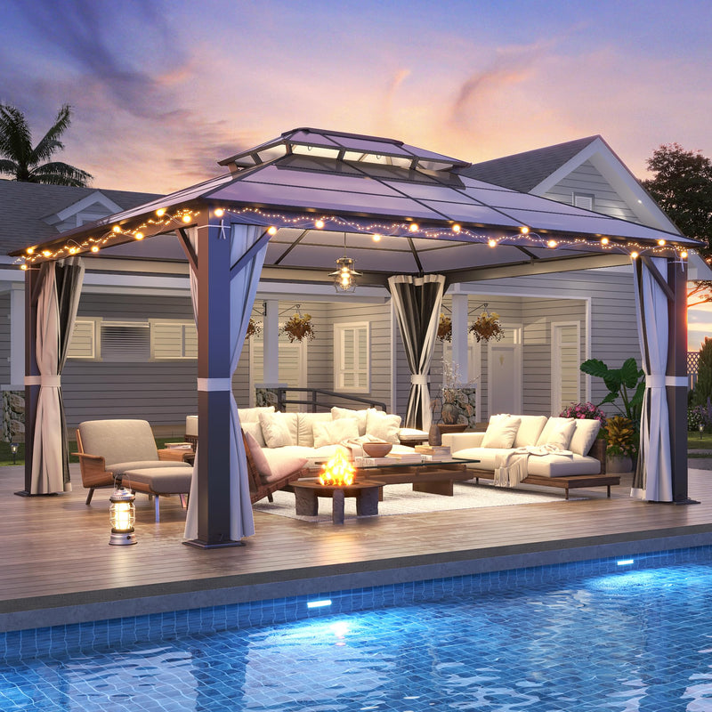 GARTOO 12x14FT Polycarbonate Hardtop Gazebo with Double Roof - Heavy-Duty Steel Frame Gazebo with Breathable Netting & Privacy Curtain for Patio, Porch, Garden, Lawn, Deck, Backyard