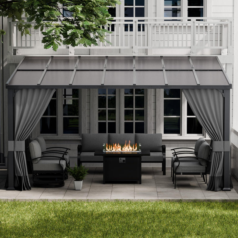 ALAULM 10'x 14' Outdoor Hardtop Pergola,Wall Mounted Lean to Gazebo with Curtains and Netting,Galvanized Metal Frame,Sunshade for Patio, Backyard, Deck and Lawns-Gray