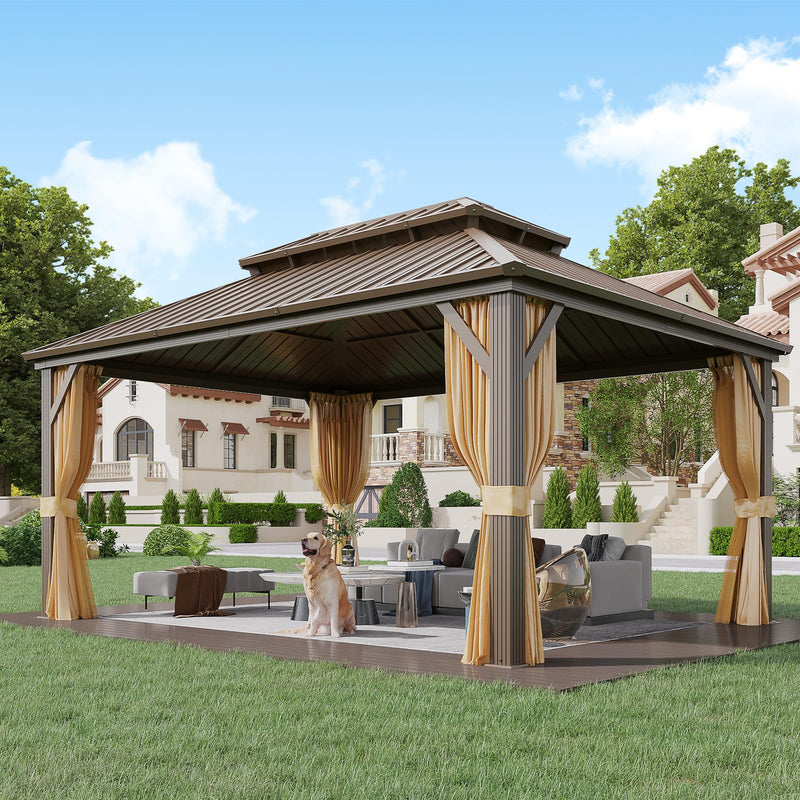 YOLENY 12' x 16' Gazebo Hardtop with Aluminum Frame,Galvanized Steel Double Roof Gazebos with Curtain and Netting,Outdoor Metal Pergolas for Garden, Lawn, Deck, Brown