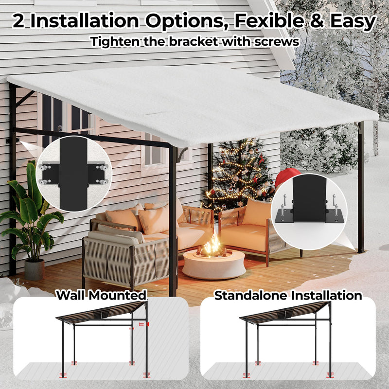 12' x 14' Gazebo, Large Wall Mounted Gazebos Pergola with Metal Frame, Hard Top Lean to Pergola, Outdoor Patio Lean to Metal Awnings Gazebos for Deck, Porch, Backyard