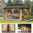 YITAHOME 13x15ft Wood Gazebo Outdoor Wooden Frame Double Roof Hardtop Galvanized Steel Top Canopy w/Curtain and Netting, Patio Heavy Duty Gazebo for Deck, Backyard, Golden
