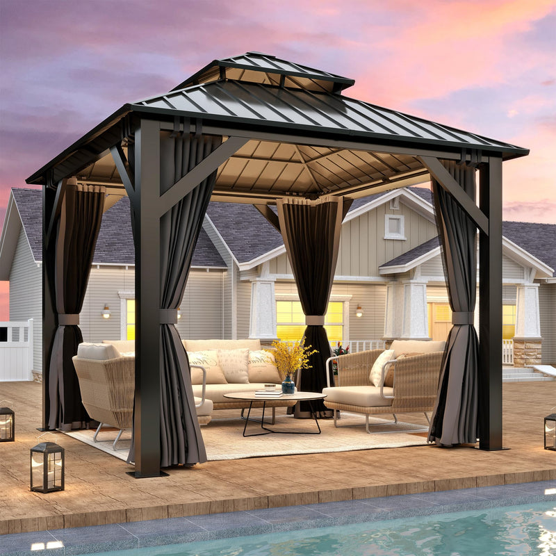 8.5' x 8.5' Hardtop Gazebo, Galvanized Steel Double Roof Gazebo with Nettings and Curtain Outdoor Aluminum Frame Vertical Stripes Roof Gazebos for Patio, Backyard, Lawn