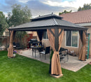 PURPLE LEAF 11' X 15' Outdoor Hardtop Gazebo Patio Wide Aluminum Frame Metal Double Roof with Heavy Duty Netting and Curtains for Permanent Hard Top Pavilion Screen, Khaki