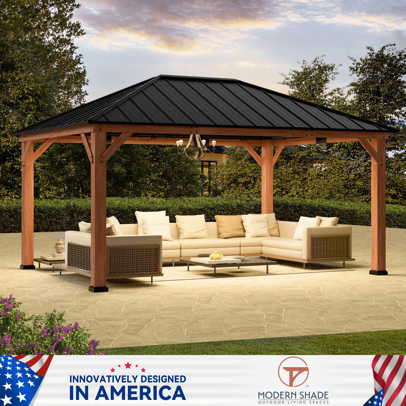 Modern Shade Tranquil Grove Wood Gazebo 12' x 16', Permanent Grill Gazebo with Galvanized Steel Hardtop Roof, Cedar Framed Wooden Pavilion for Garden, Backyard