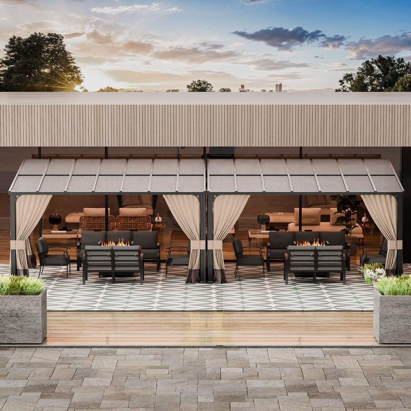 RTDTD 10' x 28' Gazebo，Hard Top Lean to Gazebo Wall Mount Heavy Hardtop Gazebos Outdoor Pergola with Curtains and Netting for Patio Garden Lawn Backyard Deck (Brown)