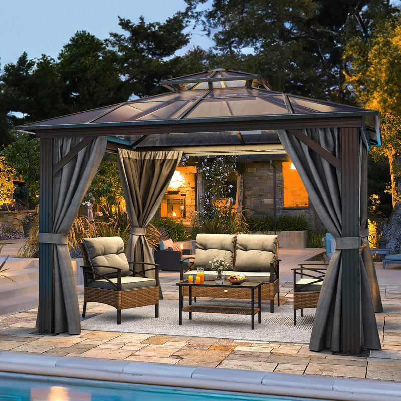 YITAHOME 10X10FT Polycarbonate Hardtop Gazebo Outdoor Patio Double Top Canopy Galvanized Iron Aluminum Column Garden Tent Curtains Netting for Backyards Decks Lawns,Gray