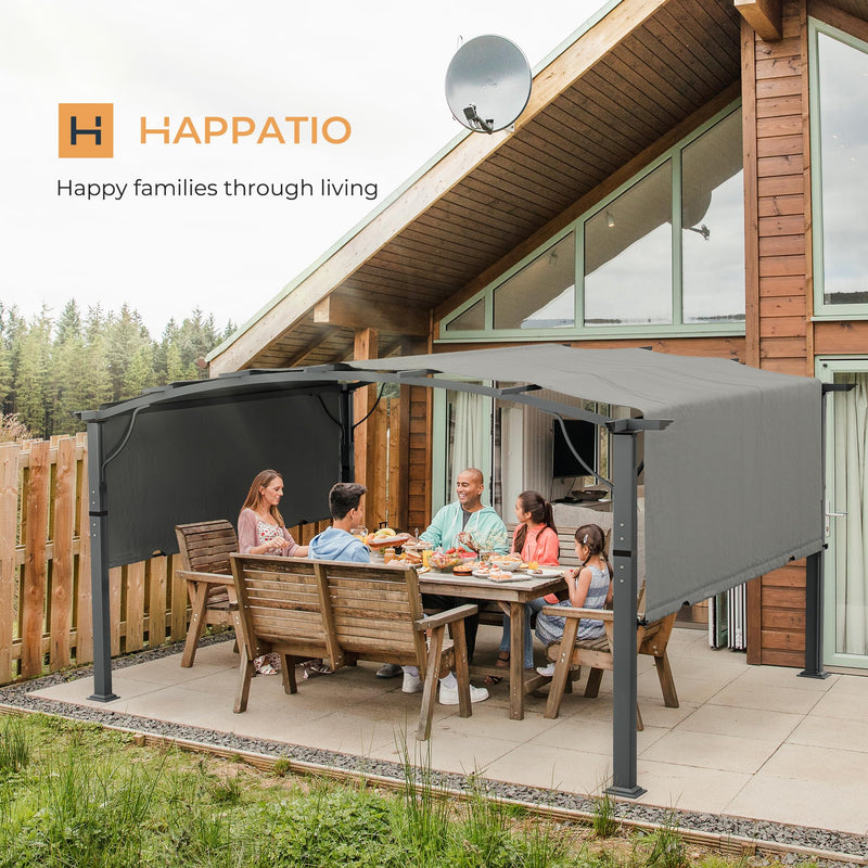 HAPPATIO 10' x13' Outdoor Arched Patio Pergola, Outdoor Retractable Pergola with Sun Shade Canopy, Aluminum Frame with Canopy Fixed in Various Positions for Gardens, Patios, Backyards (Grey)