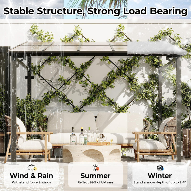 10'x 10'Wall Mounted Gazebo, Hardtop Lean-to Pergola with Polycarbonate Roof, Heavy Duty Outdoor Patio Awnings for Deck, Porch, Backyard, Garden, Weather Resistant, Brown