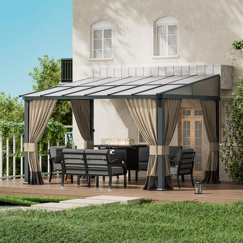 ASJMR 10x12FT Gazebo, Hardtop Wall Mounted Gazebo with Sloping Sun Panel Roof, Awnings for Patio with Metal Frame, Double Curtains for Garden, Lawn, Backyard Deck, Sand