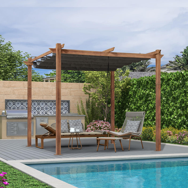 PURPLE LEAF 10' x 10' Outdoor Retractable Pergola with Sun Shade Canopy Patio Metal Shelter for Garden Porch Pavilion Natural Wood Grain Frame Aluminum Gazebo Modern Backyard Grill Pergola Gray