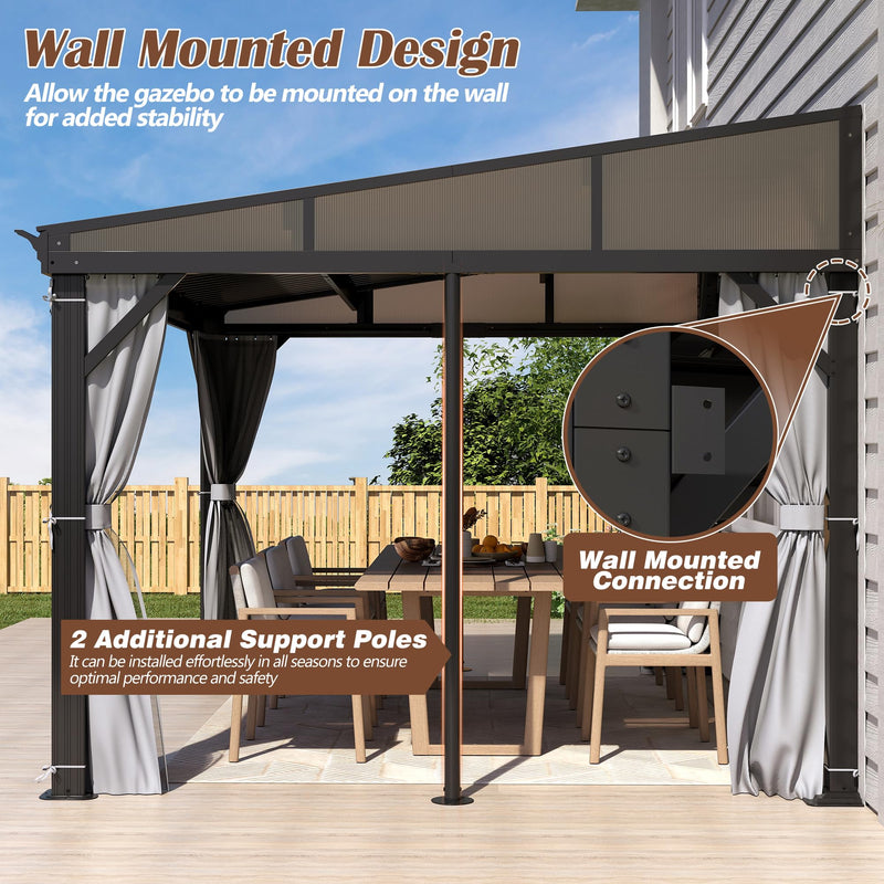 10' x 12' Hardtop Wall Mounted Gazebo, Lean to Gazebo with Galvanized Steel Roof Aluminum Frame Wall Gazebos Pergola with Netting&Curtains for Outdoor, Backyard, Patio