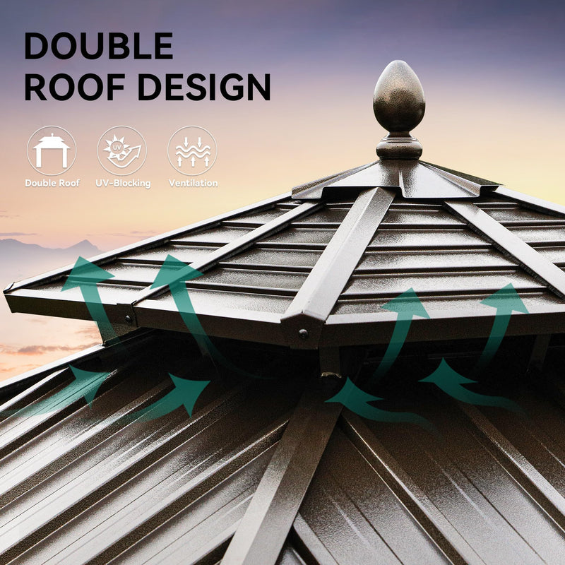 YITAHOME 10x10ft Hardtop Gazebo with Nettings and Curtains, Heavy Duty Double Roof Galvanized Steel Outdoor Combined of Horizontal Vertical Stripes Roof for Patio, Backyard, Deck, Lawn (Bronze)