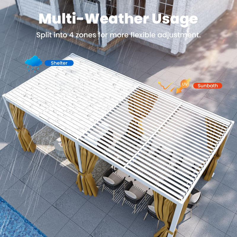 COSIEST 10'X20' Aluminum Louvered Pergola, All-Weather Adjustable Roof with Mosquito-Proof & UV Protection Netting Privacy Curtains for Deck, Backyard, Garden Outdoor Living Space (White)