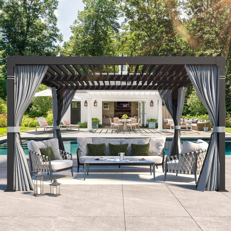 MELLCOM Louvered Pergola - 10x10 Aluminum Pergola with Adjustable Louvered Roof, Waterproof Curtains and Nets, Gray