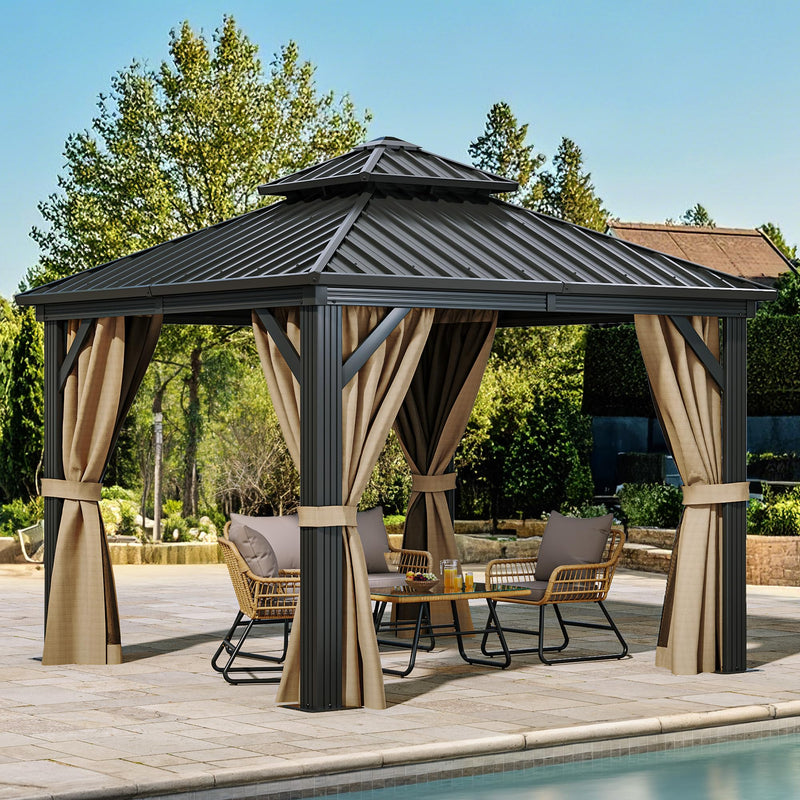 YITAHOME 10X10FT Hard Top Metal Gazebo Patios Double Roof Canopy Aluminum Frame Garden Gzebo Tent Curtains Netting for Patios Backyards Decks Lawns Brown