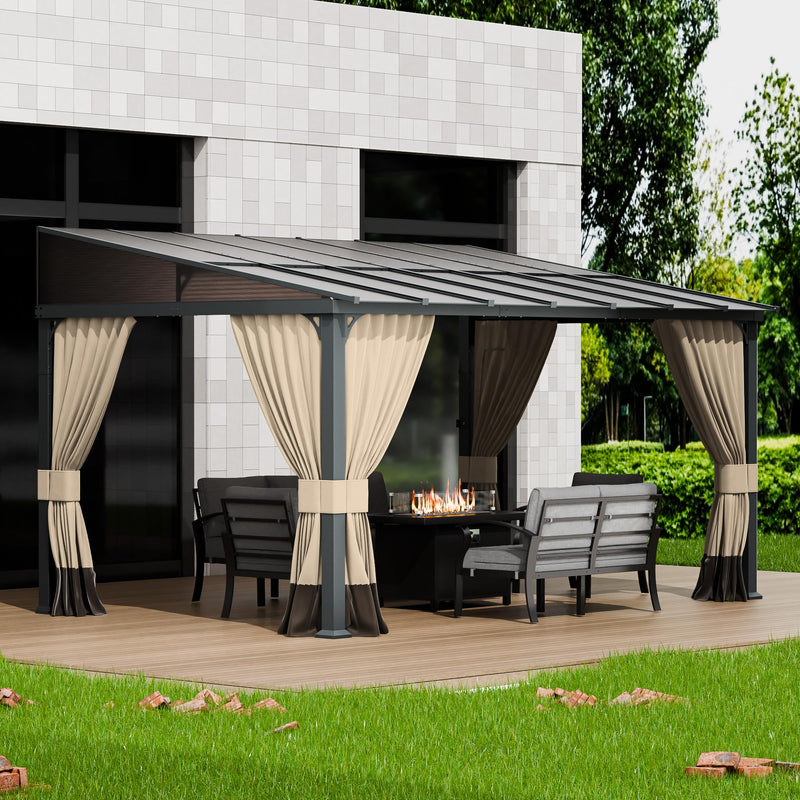 ASJMR 10x14FT Gazebo, Hardtop Wall Mounted Gazebo with Sloping Sun Panel Roof, Awnings for Patio with Metal Frame, Double Curtains for Garden, Lawn, Backyard Deck, Sand