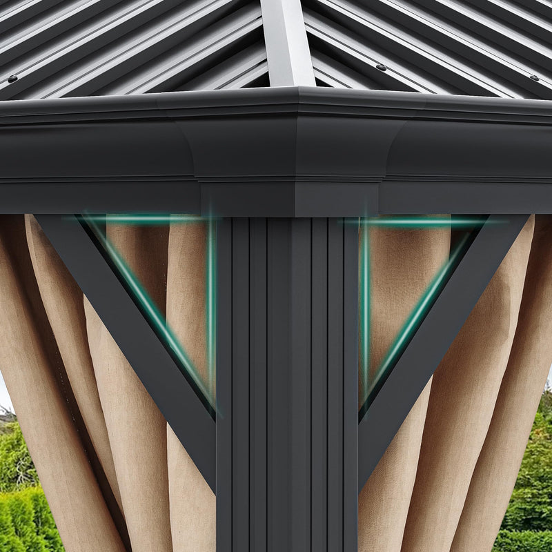 YITAHOME 10X12FT Hardtop Metal Gazebo Single Top Outdoor Patio Canopy Galvanized Iron Aluminum Column Garden Tent Curtains Netting for Backyards Decks Lawns,Brown