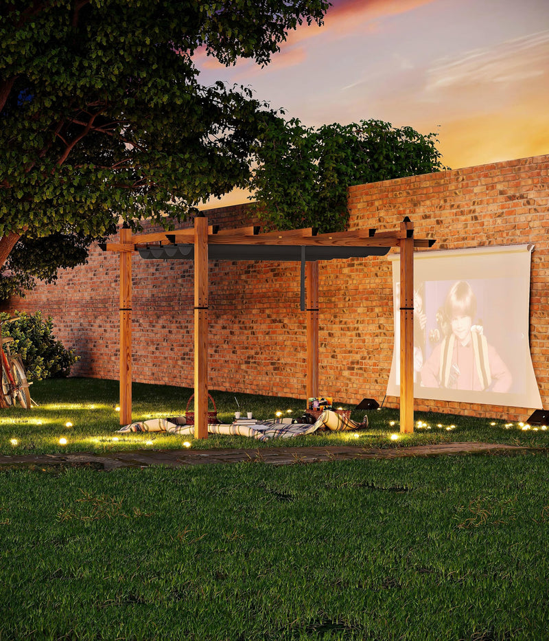 GarveeLife 10 x 10 Ft Wood-Grain Aluminum Pergola Outdoor Pergola with Retractable Canopy Sun Shade Shelter for Garden, Patio, Backyard, Deck - Gray