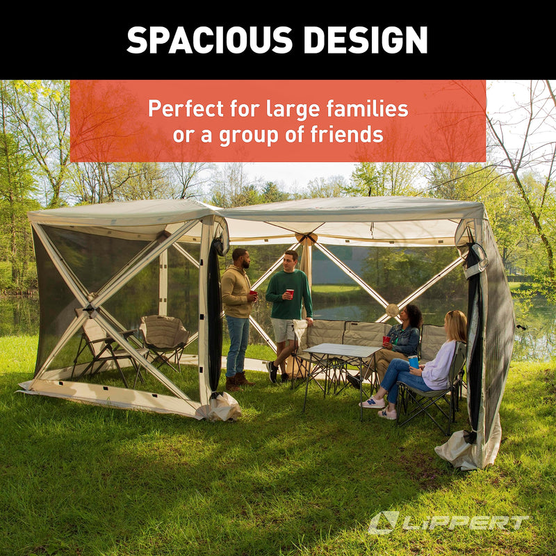 Lippert Picnic Popup Double Gazebo Tent for Camping, Patios and Easy Outdoor Shelter, 16' x 8' Breathable Mesh Screen Walls, 8-12 People, 128 Sq. Ft. Integrated Lantern Holders - 2022114836