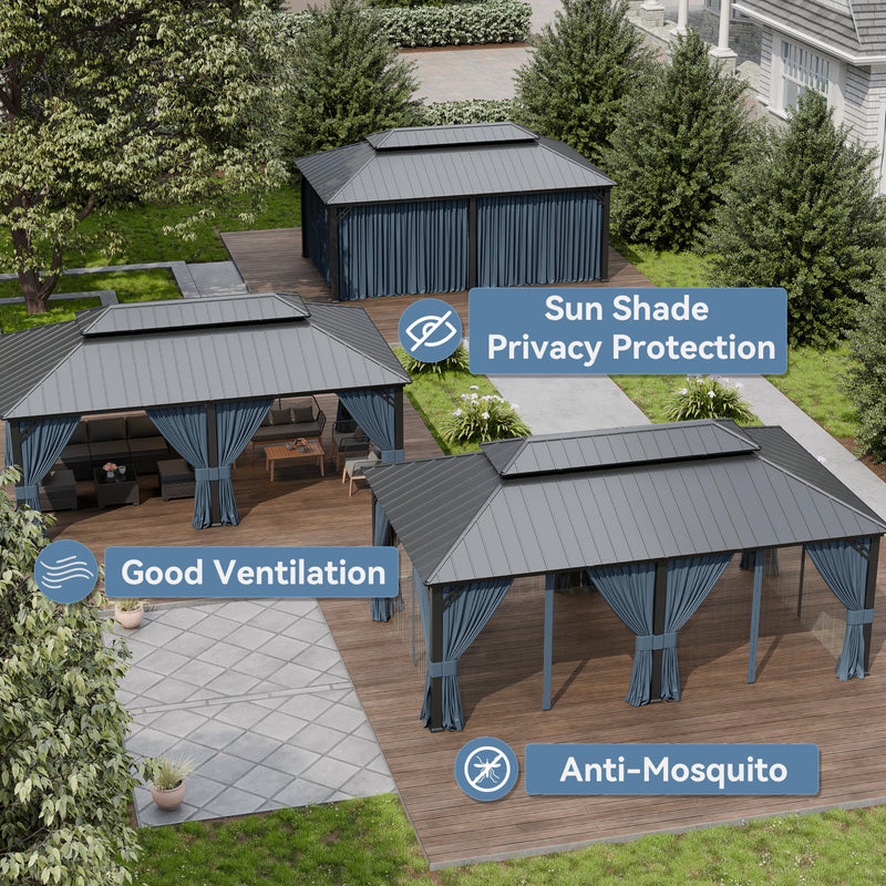 Kurapika 12' x 20' Hardtop Outdoor Metal Gazebo with Galvanized Steel Double Roof Canopy, Curtain and Netting, Aluminum Permanent Pavilion Gazebo, Navy Blue