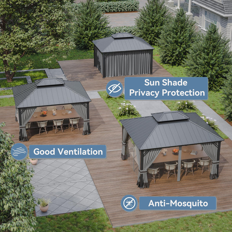 Kurapika 12' x 14' Hardtop Outdoor Metal Gazebo with Galvanized Steel Double Roof Canopy, Curtain and Netting, Aluminum Permanent Pavilion Gazebo, Grey